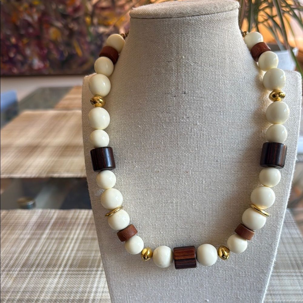 Vintage Kenneth J Lane Signed Necklace with Wood, Beads & Gold Tone Accents.